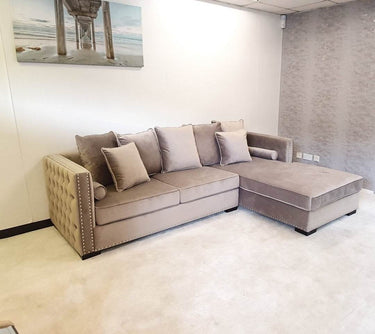 Moscow Luxury Mink Velvet Corner Settee Suite Sofa with Button Detailing & Scatter Cushions - UK Luxury Furniture